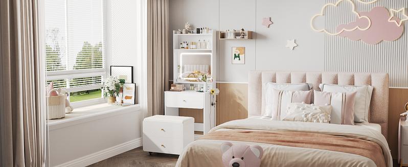 Vabches Make Up Vanity Desk with Mirror and Lights, White/Pink Vanity Table Set with Charger Station,Girls Small Vanity Vabches Make Up Vanity Desk with Mirror and Lights, White/Pink Vanity Table Set with Charger Station,Girls Small Vanity