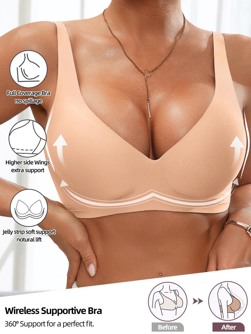 Women's Wireless Jelly Bra, Deep V Design, Medium Support, Fitted Plain Pattern, Casual Daily Wear, All Seasons, Moderate Fabric Underwear