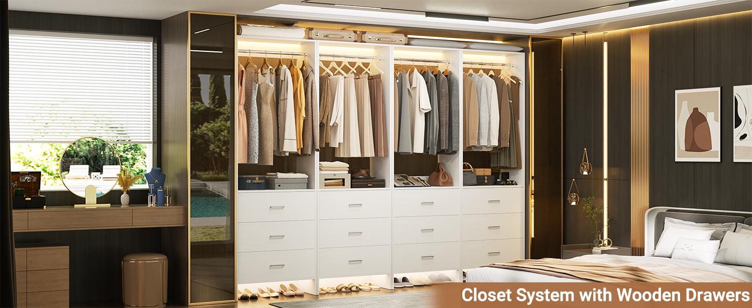 Freestanding Closet System with 3 Wooden Drawers and Hanging Rod, Closet Organizer Wardrobe for Walk-in and Reach-in Closet Freestanding Closet System with 3 Wooden Drawers and Hanging Rod, Closet Organizer Wardrobe for Walk-in and Reach-in Closet
