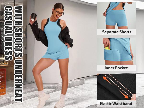 Blooming Jelly Women Tennis Dress Casual Athletic Color Block Outfit Racerback Built in Bra Golf Separate Shorts with Pocket