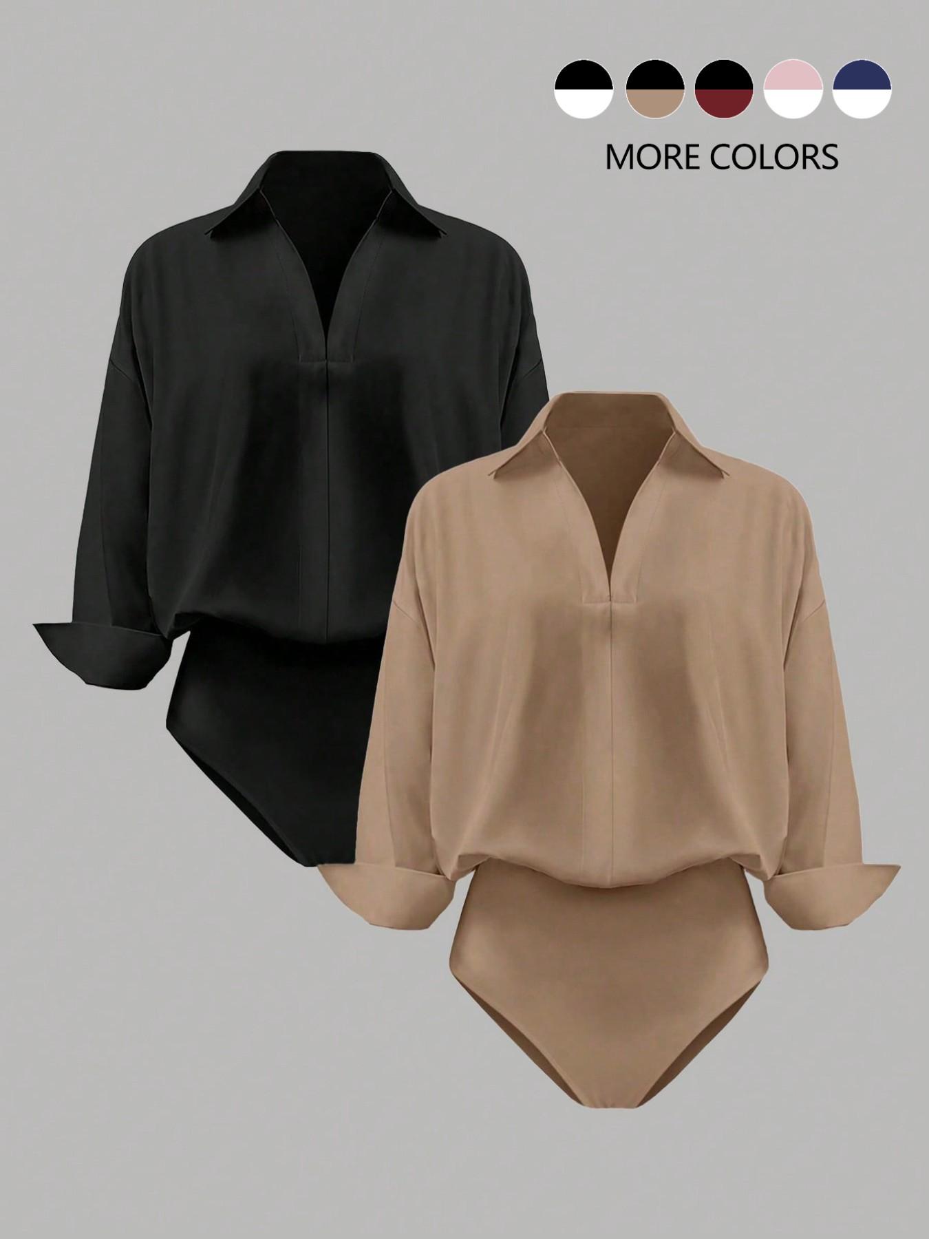 Women's casual loose V-neck long-sleeved shirt jumpsuit, elegant woven fabric, slim fit, suitable for all seasons, and can be layered flexibly.