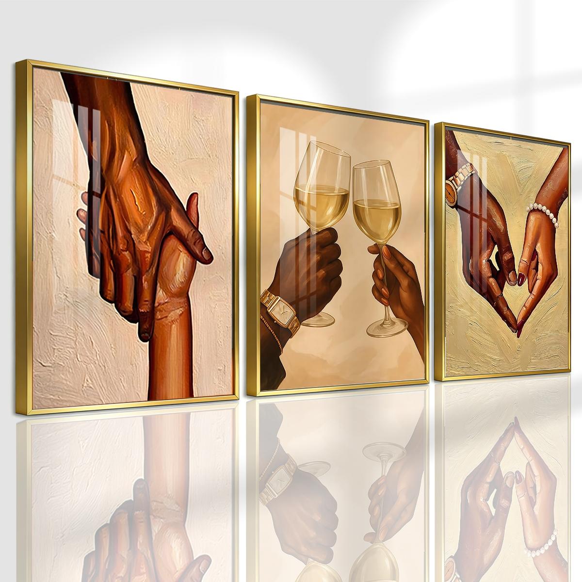 3 Counts Aluminum Alloy Framed Painting, Romantic Couple Hands And Wine Glass Canvas Art, Home Decoration For Living Room, Bedroom, Office, Restaurant, Hallway Wall Decor, Odorless Print Artwork, Luxury Perfect Gift For Friends And Family