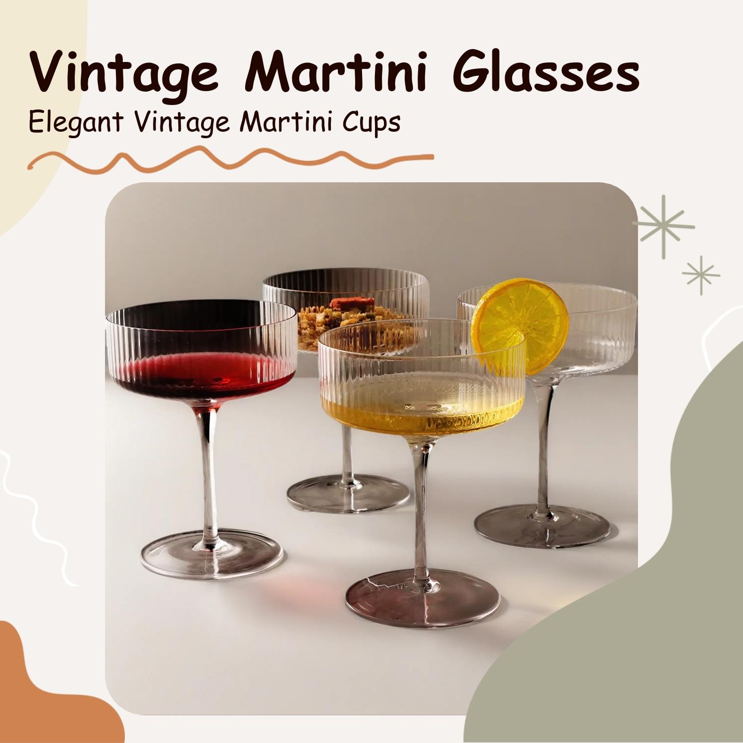 Vintage Ribbed Coupe Glass, 2/4 pcs Wine Glass Set Elegant Crystal Stripe Martini Glasses for Champagne, Margarita, Espresso, Perfect for Parties & Gifts, Drinkware