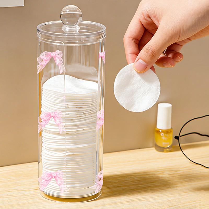 Bow Pattern Transparent Cotton Pad Box, Cylindrical Large Capacity Storage, Washable & Easy to Clean, Ideal for Beauty Tools, Plastic Canister Jar