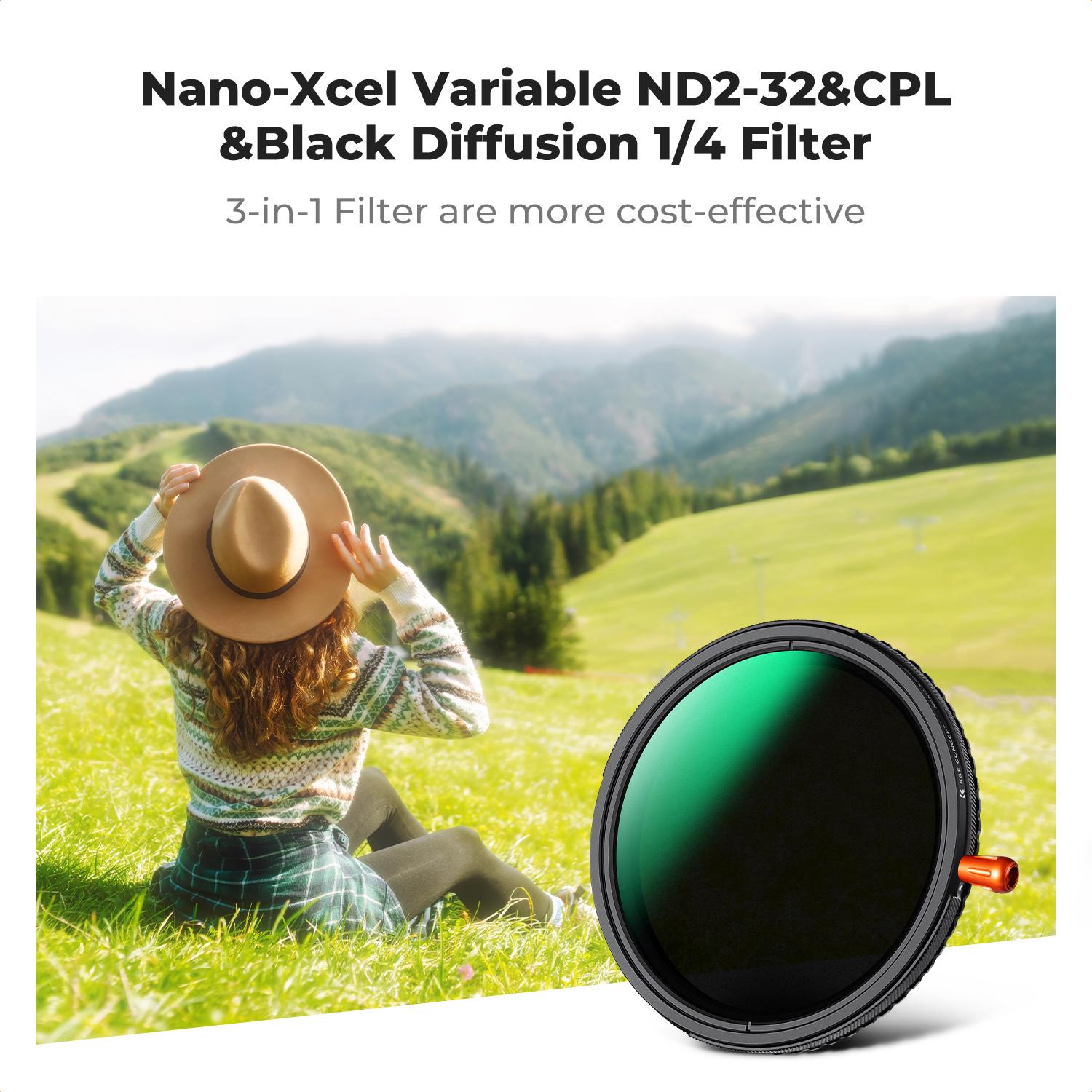 [K&F CONCEPT] Black Diffusion Mist Effect 1/4 & Variable ND2-32(1-5 Stops) & Circular Polarizing Filter CPL-in 1 HD Lens Filter with 28 Multi-Coated for Camera Lenses (Nano-X Series)