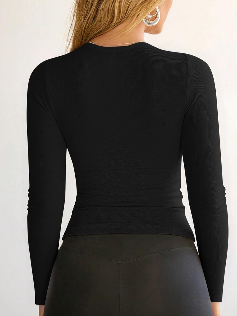 Solid Color Casual Slim-Fit Long Sleeve T-Shirt, Thin Fabric, Fall Season, Comfortable & Stylish Design for Women Daily Wear