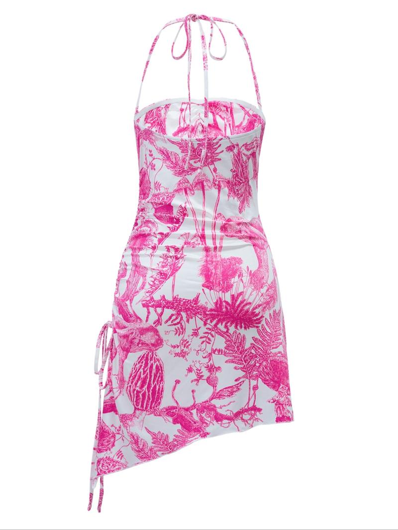 Women's All Over Print Ruched Drawstring One-piece Swimsuit, Casual Fashion Backless Tie Front Halter Swimwear for Beach Holiday Vacation, Ladies Swimsuit for All Seasons