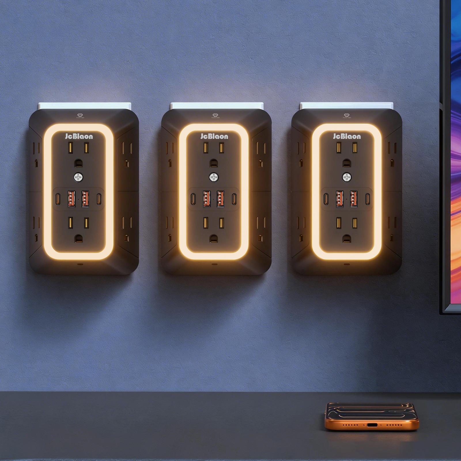 3-Pack Wall Outlet Extender Surge Protector with Night Light, 6-Outlet Power Socket Extender with 4 USB Ports (2 USB-C), 3-Sided Multi Plug Wall Adapter, Multifunctional Power Strip for Home, Office, Kitchen and Travel