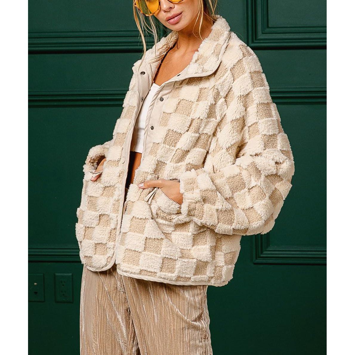 Chouyatou Women's Winter Casual Contrast Plaid Sherpa Jacket Loose Plush Oversized Faux Fur Coat SpringStatements Chouyatou Women's Winter Casual Contrast Plaid Sherpa Jacket Loose Plush Oversized Faux Fur Coat SpringStatements