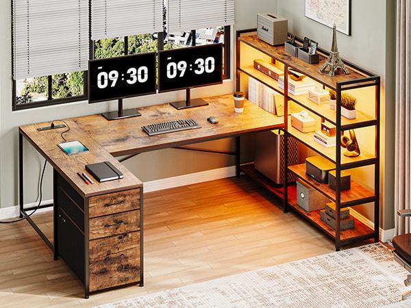 Sedeta 64.5 inch LED L-Shaped Gaming Desk with Storage Wooden Top Metal Frame Space-Saving Corner Desk for Bedroom Office APP Control Adjustable Monitor Arm