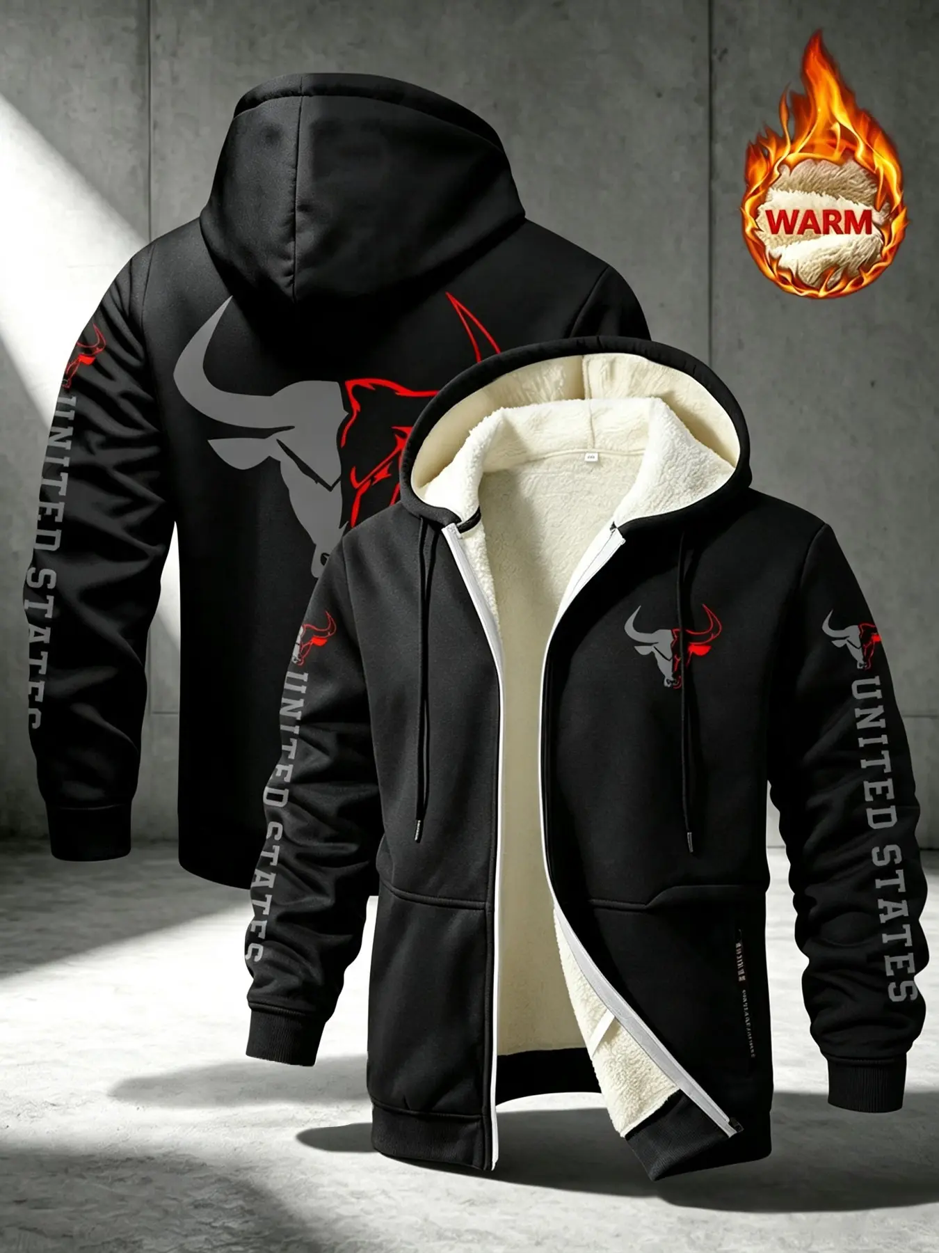 Men's Hooded Jacket with Bull Print, Fleece Lined Thick Warm Outerwear, American Style Casual Full Zip Pocket Sweatshirt