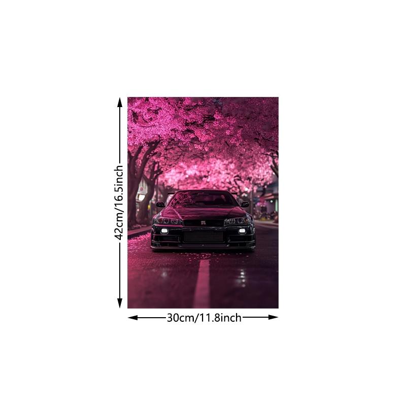 frameless canvas art print posters, Art Work For Wall Decor, realistic vehicle art, classic Japanese sports car R34 Under Cherry Blossoms, perfect gift for JDM vintage car enthusiasts, ideal gift for bedroom, living room,dormitory hallway, wall decoration