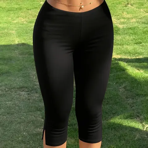 Women's Y2K Streetwear Slim-Fit Capri Training Leggings, Casual Gym Trousers, Athletic Pants with Side Slit Details, Fitness Summer Casual Sports Bottoms, Perfect for Gym Workouts & Casual Daily Wear