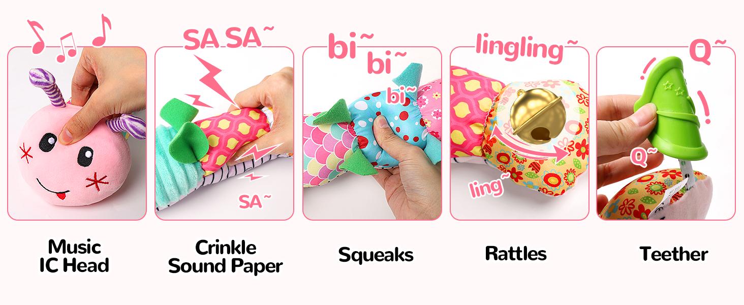 Newborn Baby Girl Gift Toys ,Infant Tummy Time Toys,Musical Stuffed Animal with Multi-Sensory Crinkle, Rattle and Textures,Baby Boy Girl Gifts,Pink Caterpillar Cute