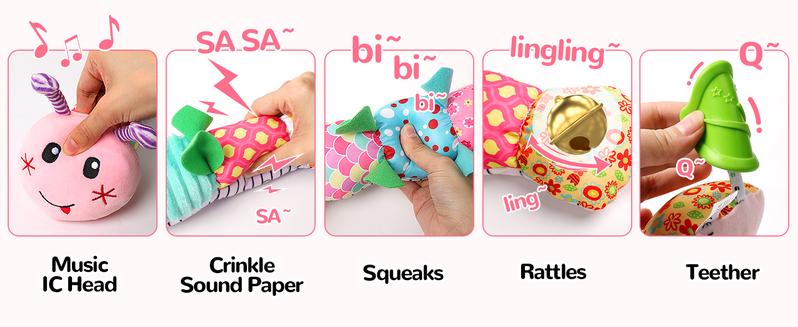 Newborn Baby Girl Gift Toys ,Infant Tummy Time Toys,Musical Stuffed Animal with Multi-Sensory Crinkle, Rattle and Textures,Baby Boy Girl Gifts,Pink Caterpillar Cute