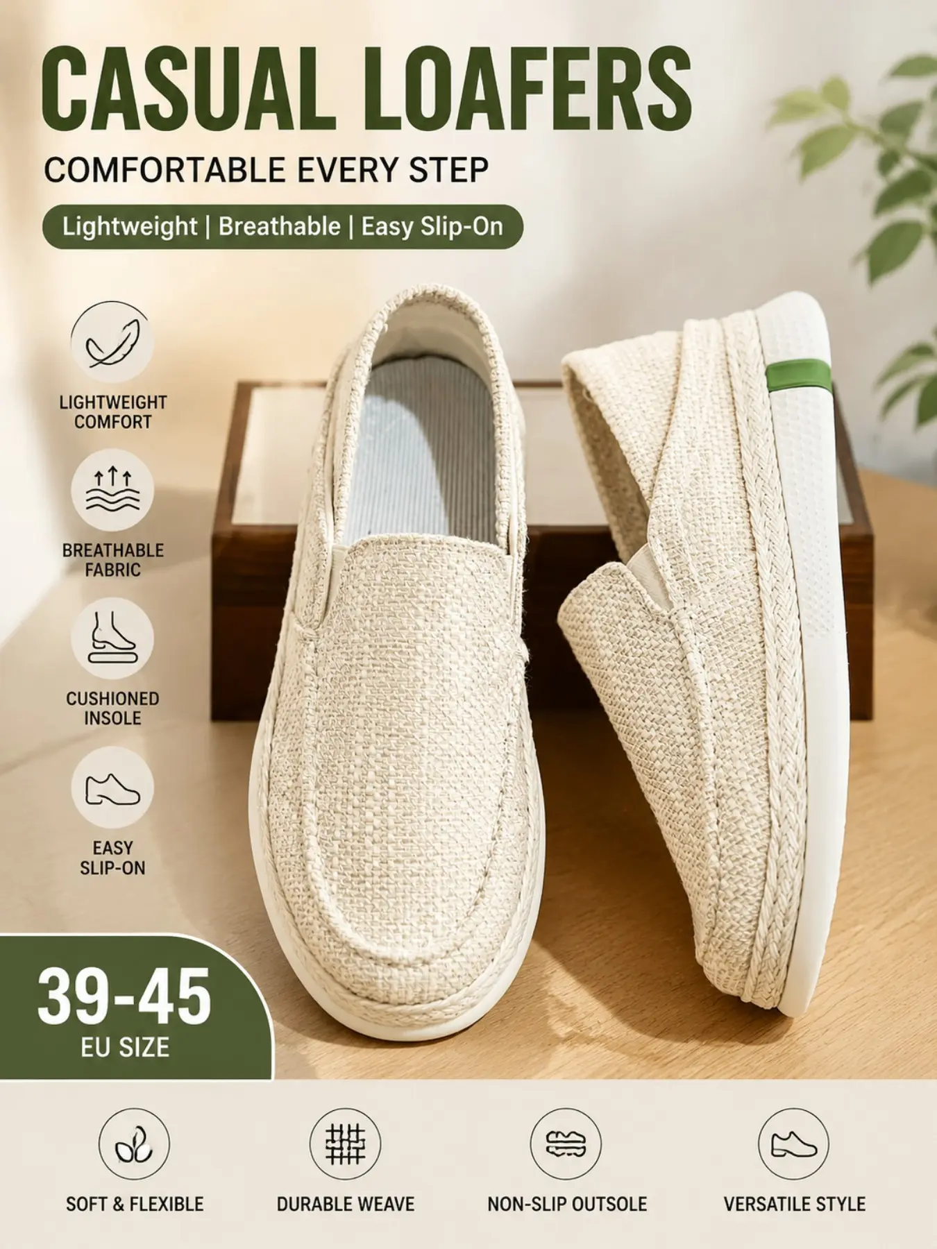 Breathable Anti-Slip Lazy Shoes, Versatile Linen Weave Casual Flat Loafers, Spring Summer Fall Outdoor Commute Men's Straw Canvas Shoes