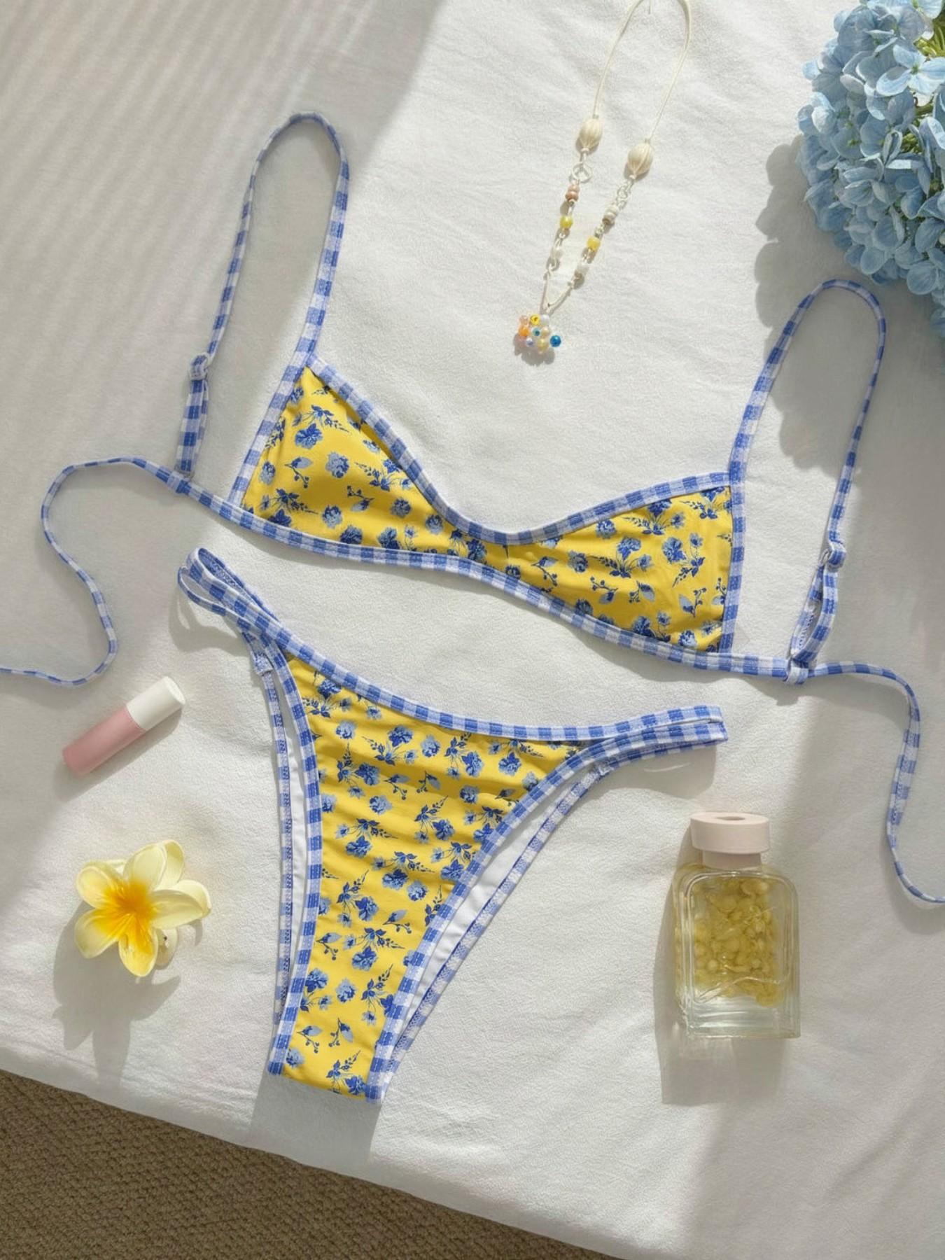 2026 Spring/Summer Women's Swimsuit Yellow Base with Random Blue Flower Print Cute and Sweet High-Waist Side Bikini Two-Piece Set