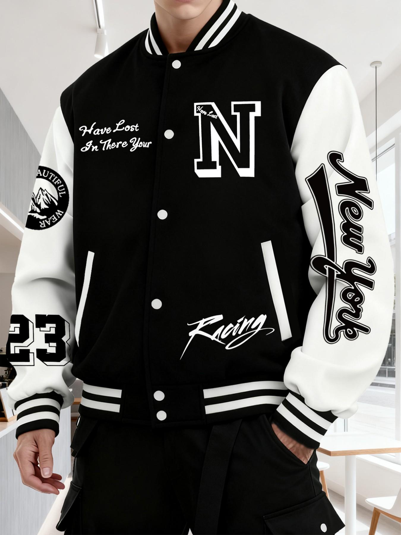 Men's Baseball Jacket N Letter Print, Button Closure Stretchable Fabric, Casual Daily Wear, Pockets, Long Sleeve, Comfortable Lining