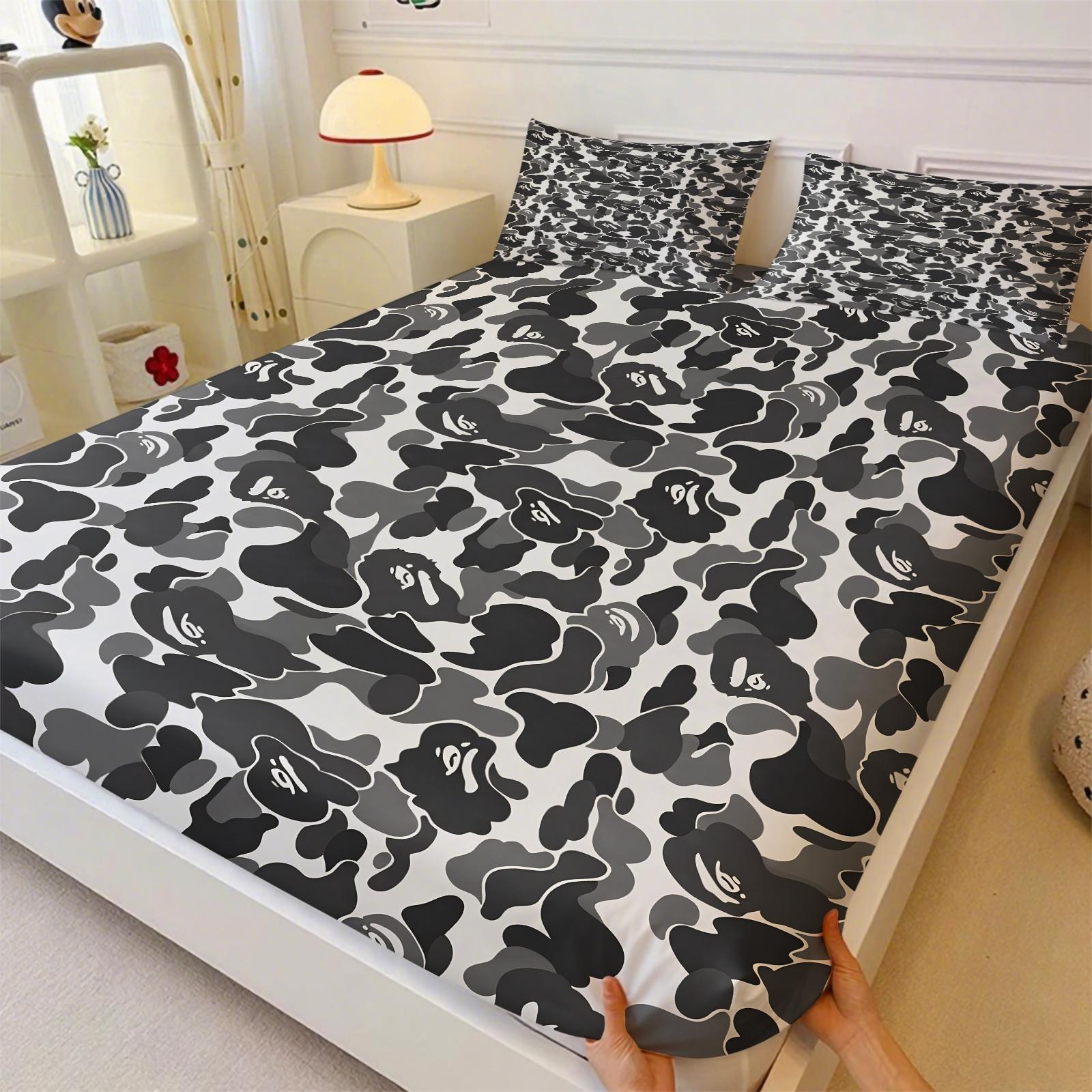 Black-White Camouflage Fitted Sheet Set & 2 Pillowcases No Core, Low-Saturation Camo & Iconic Ape Head Logo, Soft Anti-Slip Wrinkle Resistant, Industrial Hip Hop Style Bedroom Decor, Gift for Fans