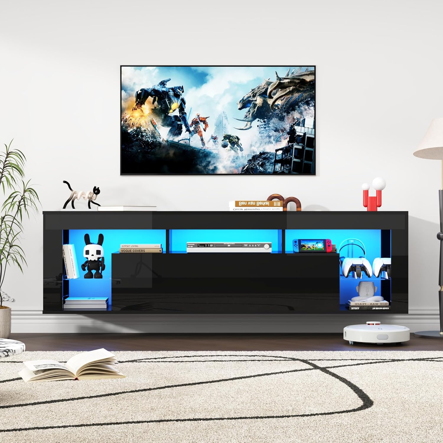 Floating TV Stand for 65/70/75/85 inch inch TV, High Gloss Led Gaming Entertainment Center with Storage and Shelf, Wall Mounted TV Console Table with Lights, White/Black Furniture Living Room Organization Home