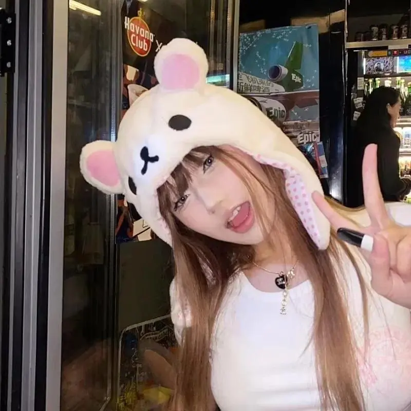 In Stock Rilakkuma Korilakkuma Bear Ushanka Hat Cute Winter Hat For Women Girls Boys Cartoon Anime Cap Gorras Kawaii Gifts