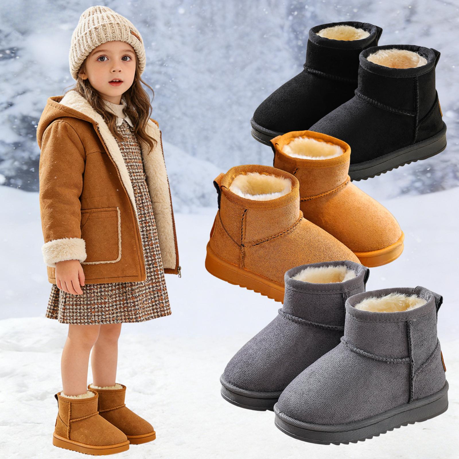 Kids' Cute & Versatile Round Toe Synthetic Snow Booties - Soft, Warm Faux Fur Liner, Non-Slip Flat Ankle Boots for Casual Daily Wear, Birthday, Holiday (Khaki, Black, Gray)