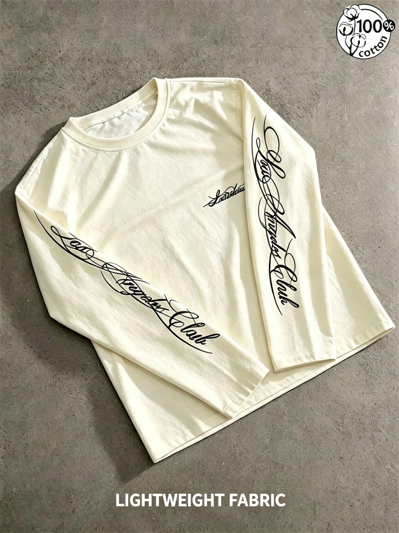 Unisex 100% Cotton Multi-Color Vertical Sleeve Script Lettering Long Sleeve Tee Mini Chest Logo Chicano American Streetwear Oversized Casual Top
