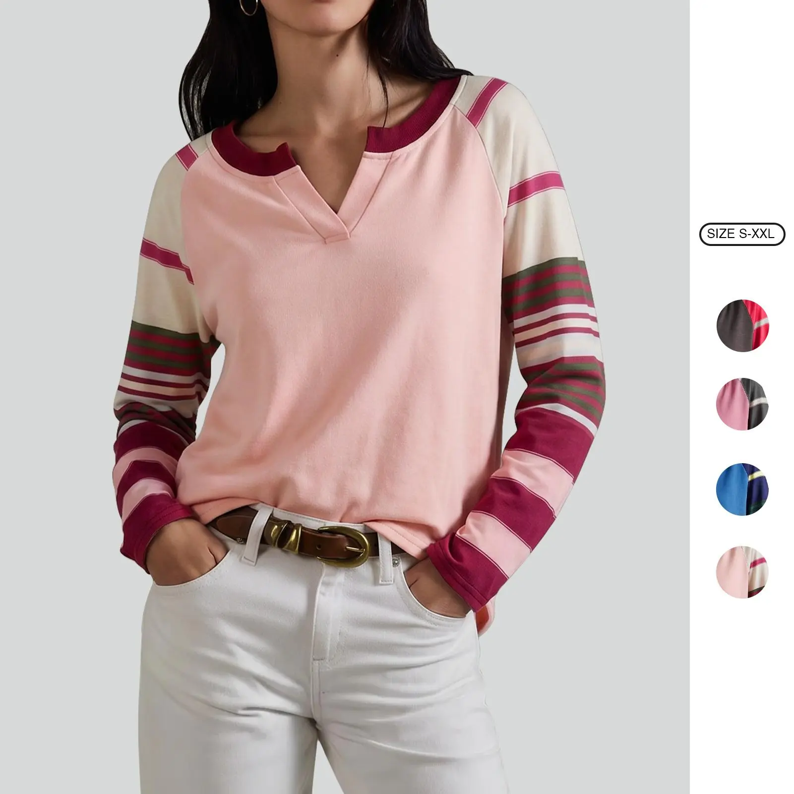 Imily Bela Women's Casual Long Sleeve Tops V Neck Color Block Stripe Sleeve Loose Fit Sweatshirts Tunic Tops