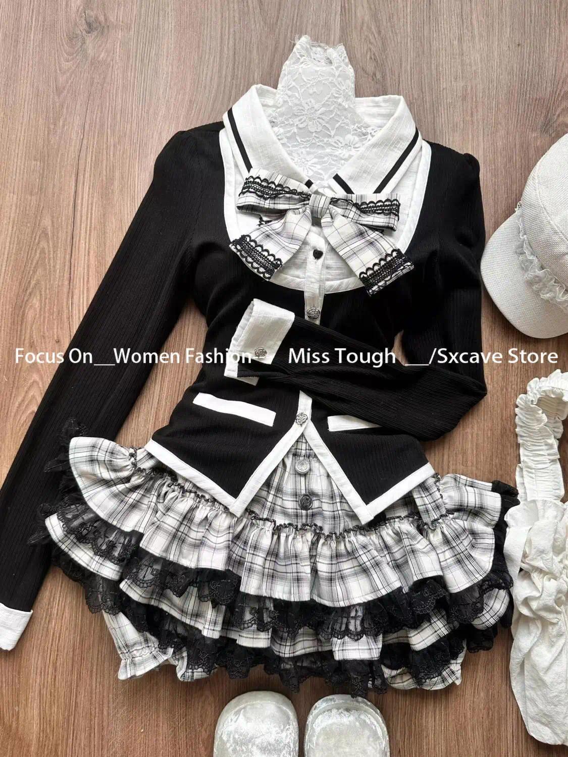 Korean 2 Piece Sets Women Casual Bow Y2k Crop Top Blouse + Mini Skirts 2000s Vintage Suits Chic Japanese Kawaii Clothing Autumn, Cute, Bow Detail