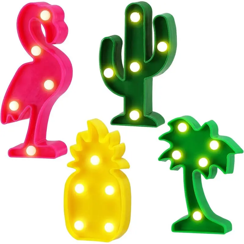 4Pcs Hawaiian Small LED Light-Up Signs, Summer Tropical Festive Decor - Flamingo, Pineapple, Palm Tree, Cacti Accents for Pool Party, Birthday Beach Party Table Centerpieces