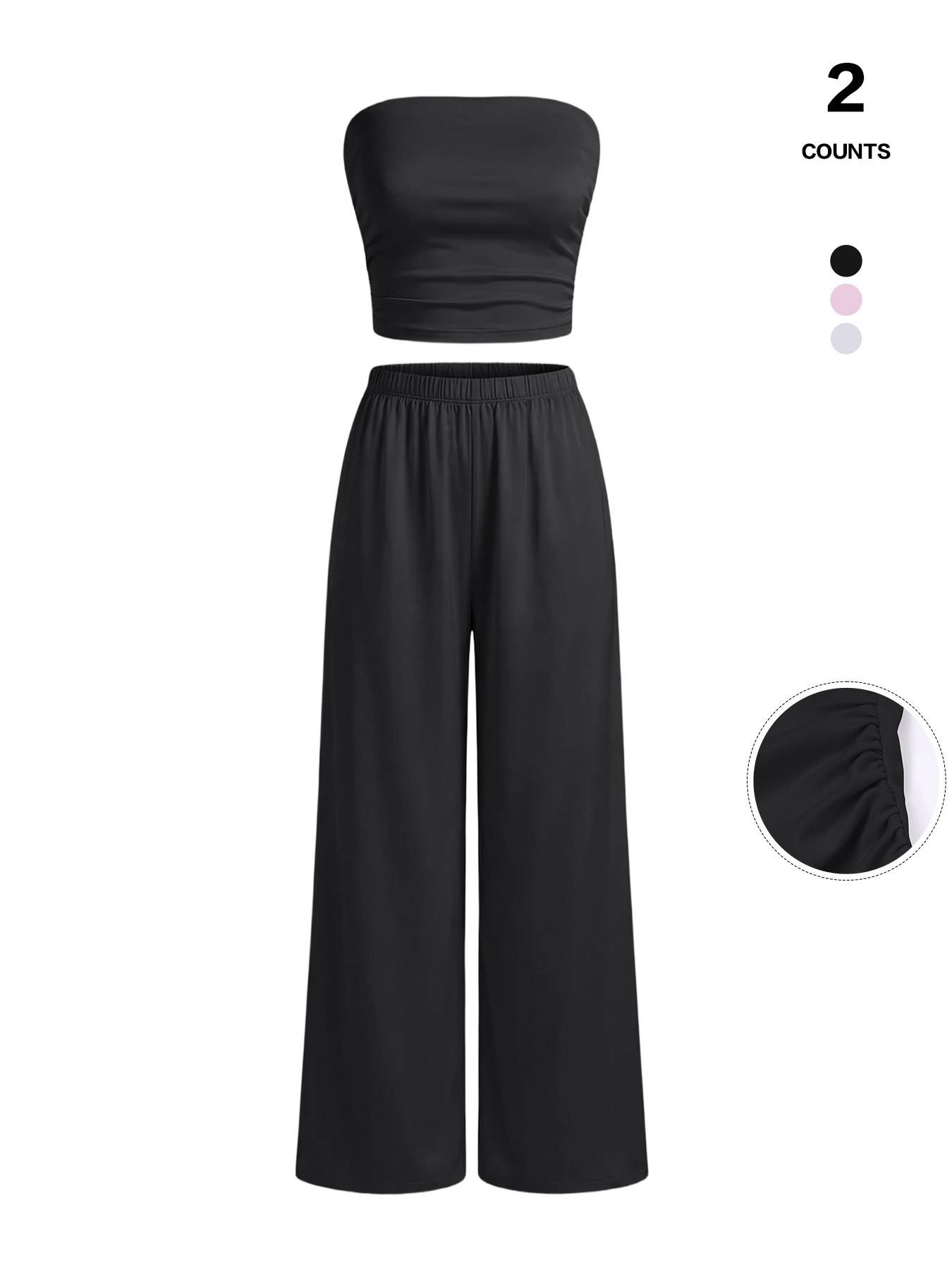 Elegant Two-Piece, Strapless Top & Wide-Leg Trousers, Lightweight & Breathable, Perfect for Spring & Summer Wear