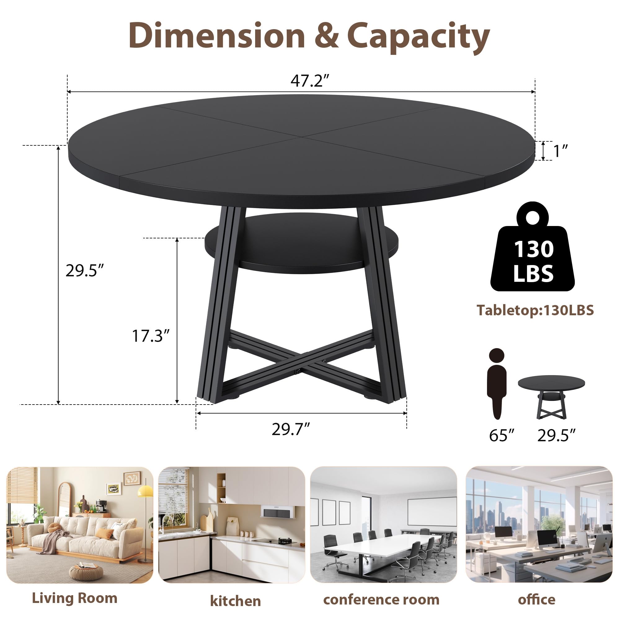 Round Dining Table for 4-6, 42" Kitchen Table with Storage, Circle Dinner Tables for Kitchen, Dining Room, Living Room, Meeting Room, Apartment