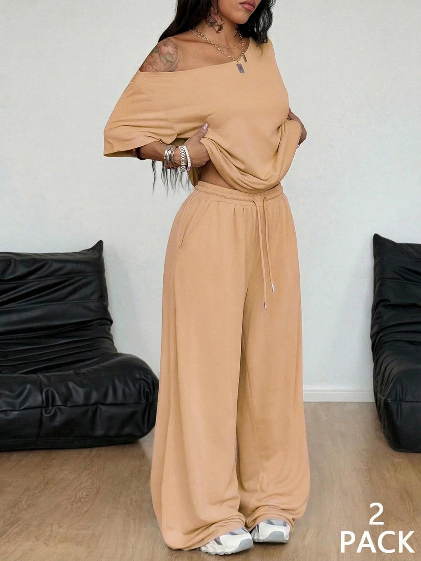 2 Pcs/Set Women's Minimalist Basic Daily Wear, Going Out, Sport Comfortable Off Shoulder T-Shirt and Wide Leg Pants Two Pieces Outfits, Womenswear 2 Pcs/Set Women's Minimalist Basic Daily Wear, Going Out, Sport Comfortable Off Shoulder T-Shirt and Wide Leg Pants Two Pieces Outfits, Womenswear