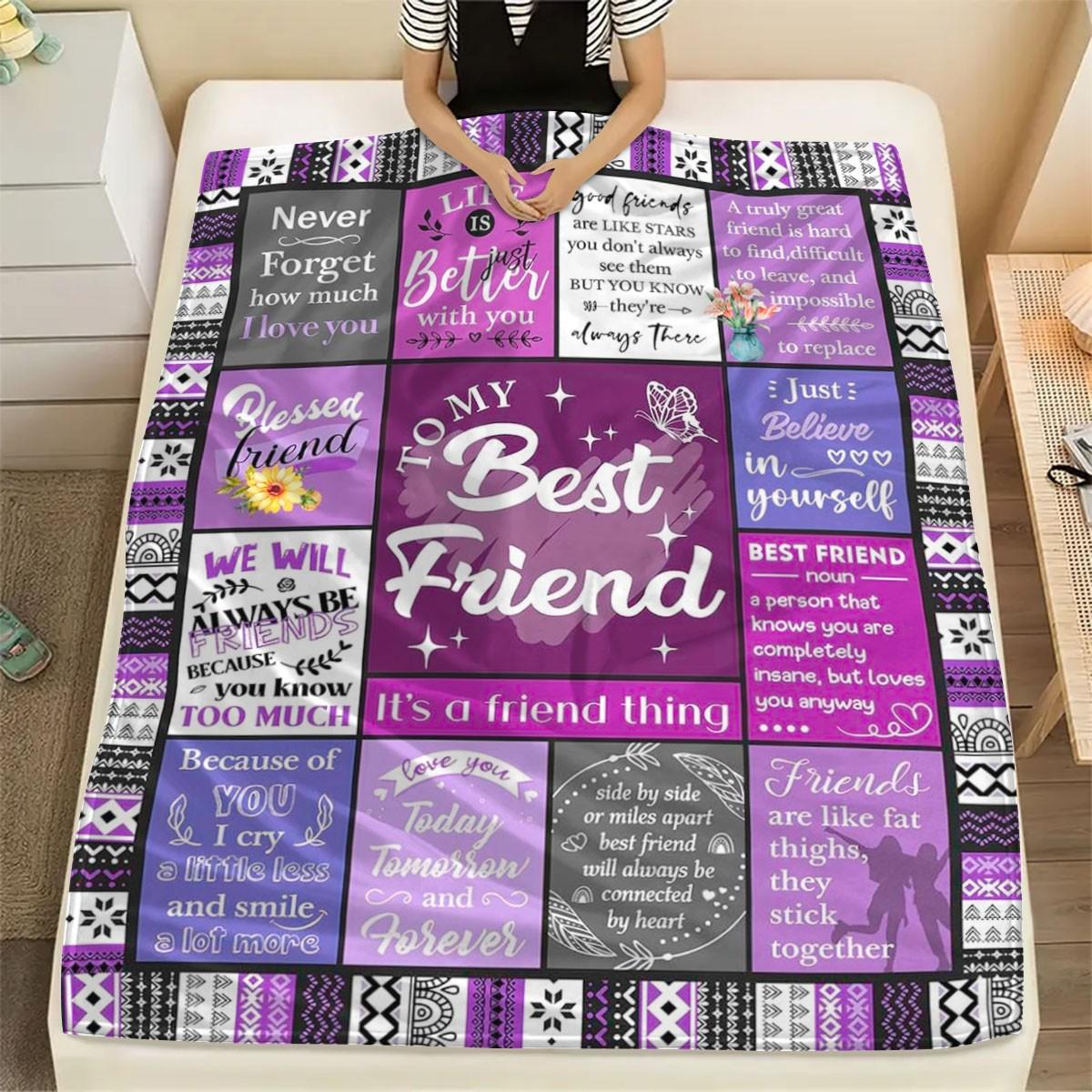 Comfortable, Bohemian Patchwork Border, Grid Pattern, Letter & Slogan Design, Ideal Gift for Friends, Family, Room Decor, Letter Print Blanket