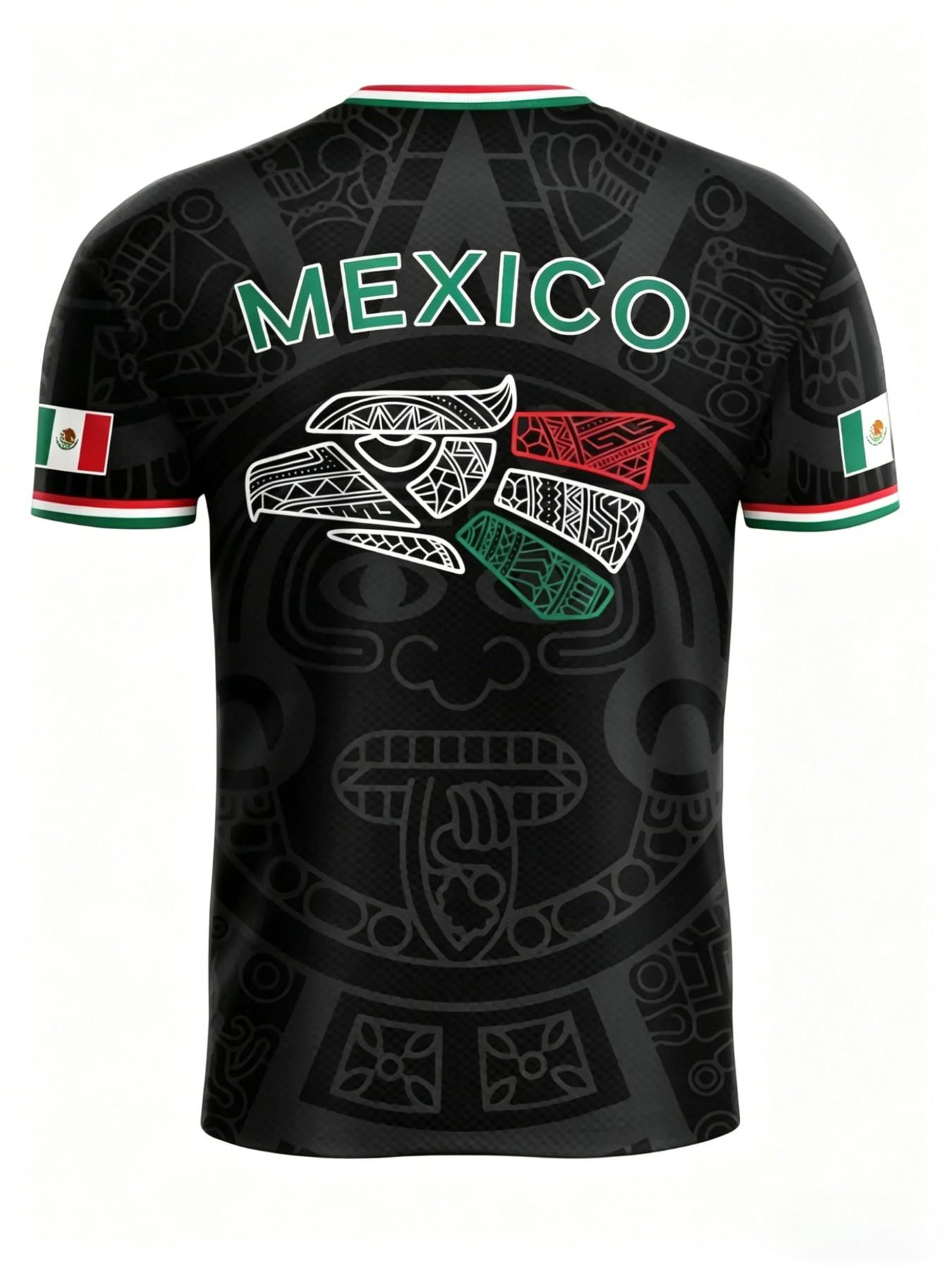 Men's Mexican Aztec Calendar Sport T-Shirt, Mexico Football Fan Street Style Round Neck Short Sleeve Top, Geometric Pattern, Loose Fit