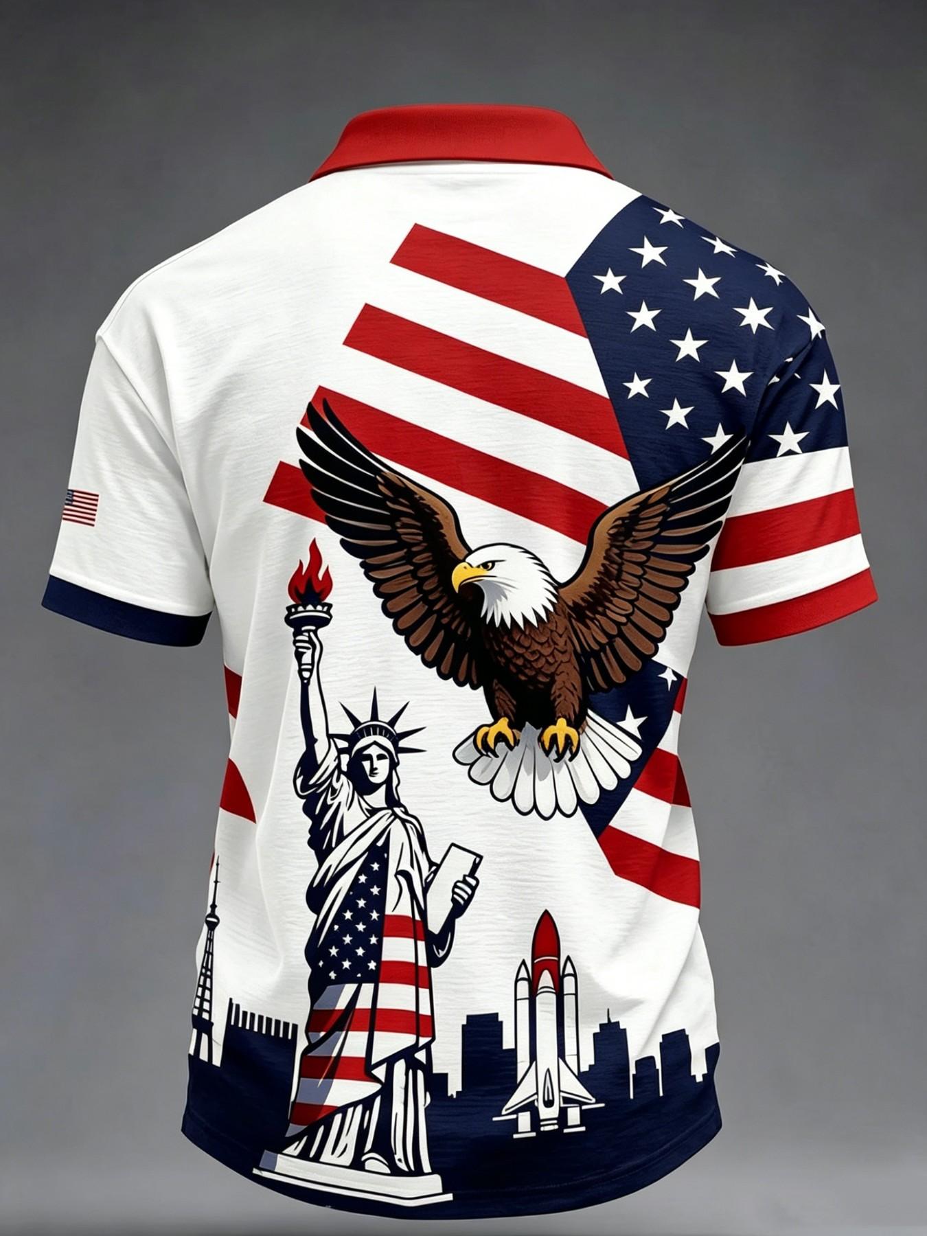 Summer Gift for Men, Usa Flag Eagle Liberty Statue Print, Short Sleeve, Casual Patriotic Polo Shirt, All Seasons Summer Gift for Men, Usa Flag Eagle Liberty Statue Print, Short Sleeve, Casual Patriotic Polo Shirt, All Seasons