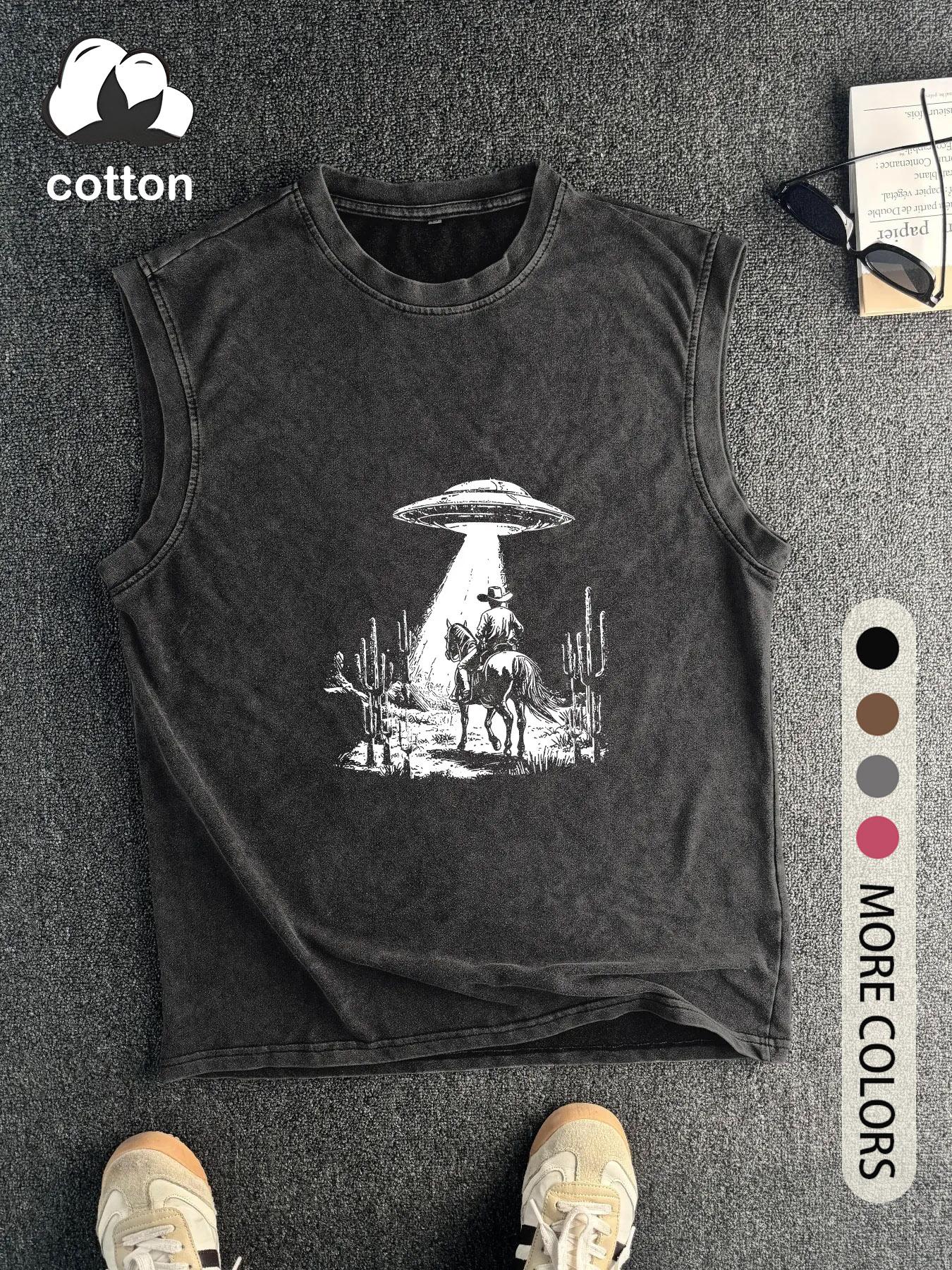 Men's Vintage UFO Print Round Neck Knit Cotton Tank Top, Regular Fit Casual Sleeveless Crew Neck Top for Summer, Fashion Men's Top for Daily Wear, Socks, Fitted