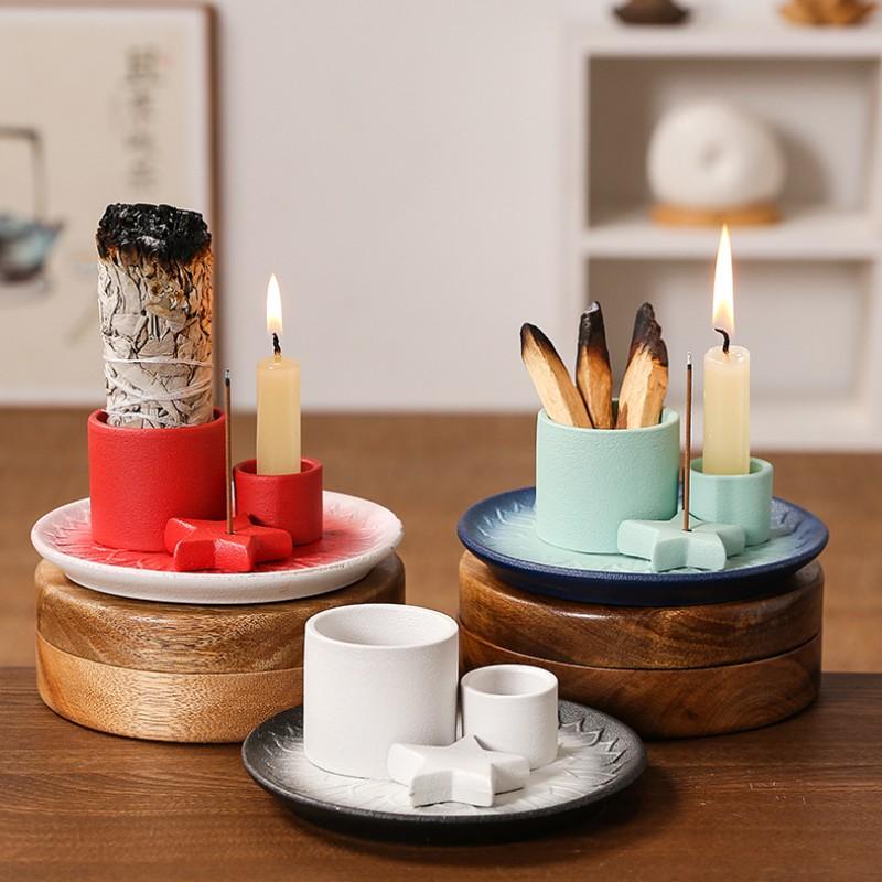 Morandi Color Ceramic Candle Holder, Nordic Style Home Atmosphere Decor, Mint Reed Diffuser, Solid Wood Tray, Home Ornament