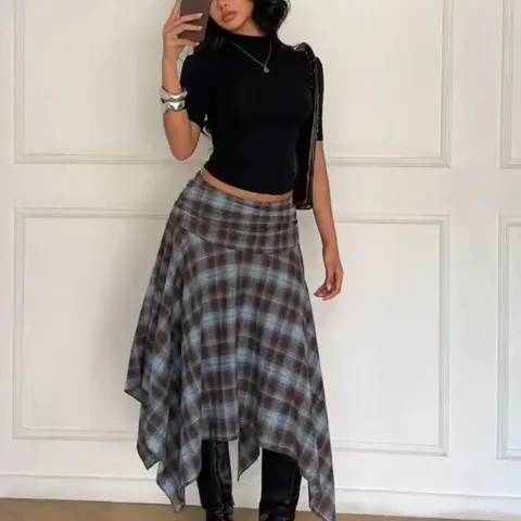 Vintage Plaid Asymmetrical Slimming Midi Skirt, Versatile Fashionable Casual Half-Length Dress, Perfect for Daily Wear & Special Occasions