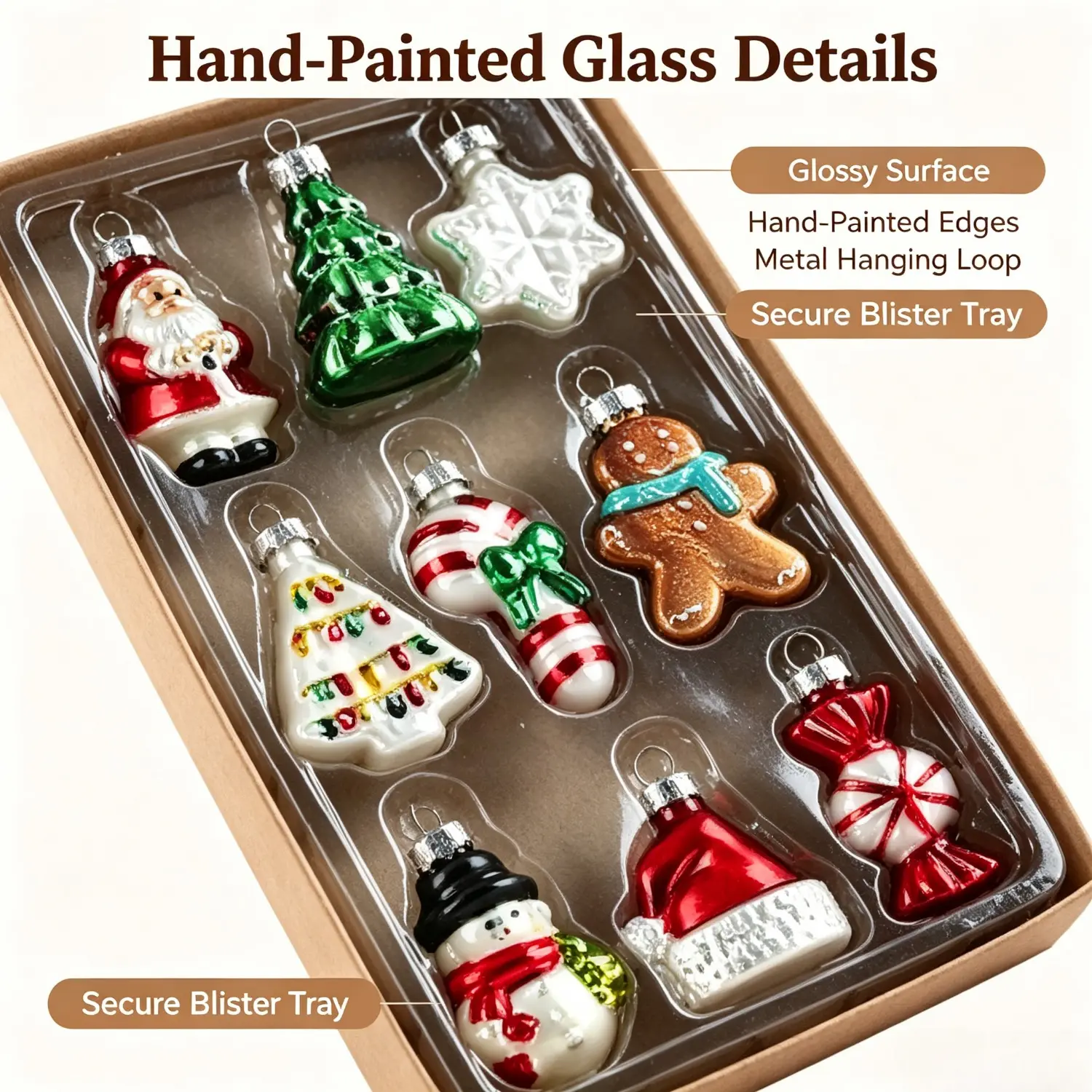 Vintage Painted Christmas Glass Ornament Set, Santa Snowflake Gingerbread Man Snowman Candy Tree Hanging Baubles, Festive Xmas Tree Decorations