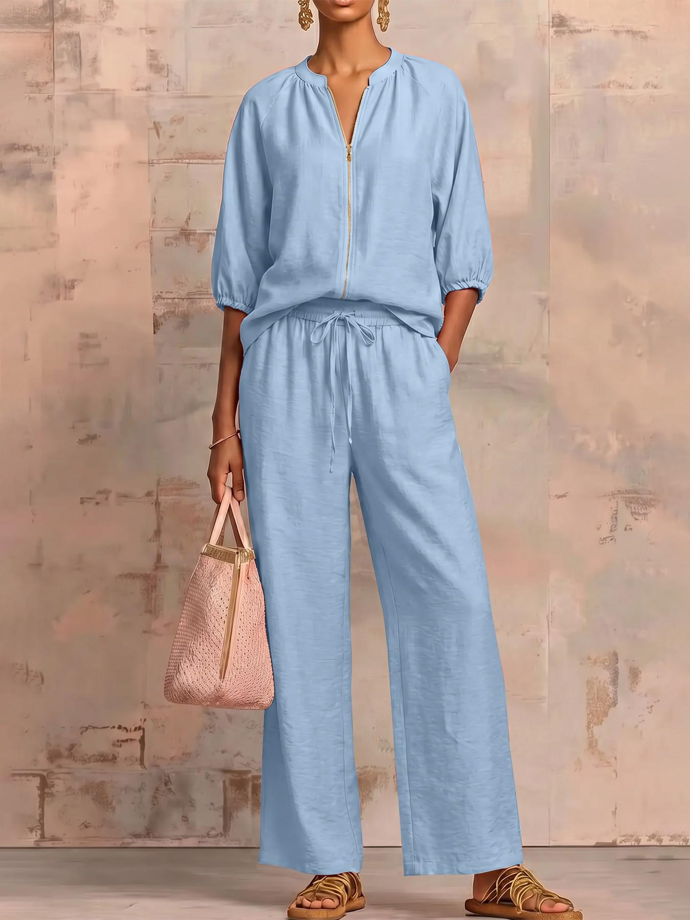 Minimalist Textured Matching Suit, Front Zip Blouse, Loose-Fit Casual for All Seasons, Adult Women's Clothing Set，loungewear set ，Vintage Casual Co-ord Outfit, Soft comfy fabric, skin-friendly, Casual Lounge Sets