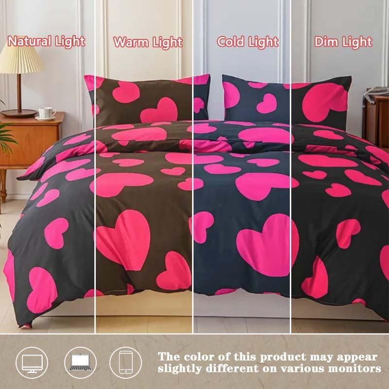 3-Piece Heart Print Duvet Cover Set with Zipper Closure. Soft and comfortable bedding set for bedrooms and guest rooms, including 1 duvet cover and 2 pillowcases, no inserts included.