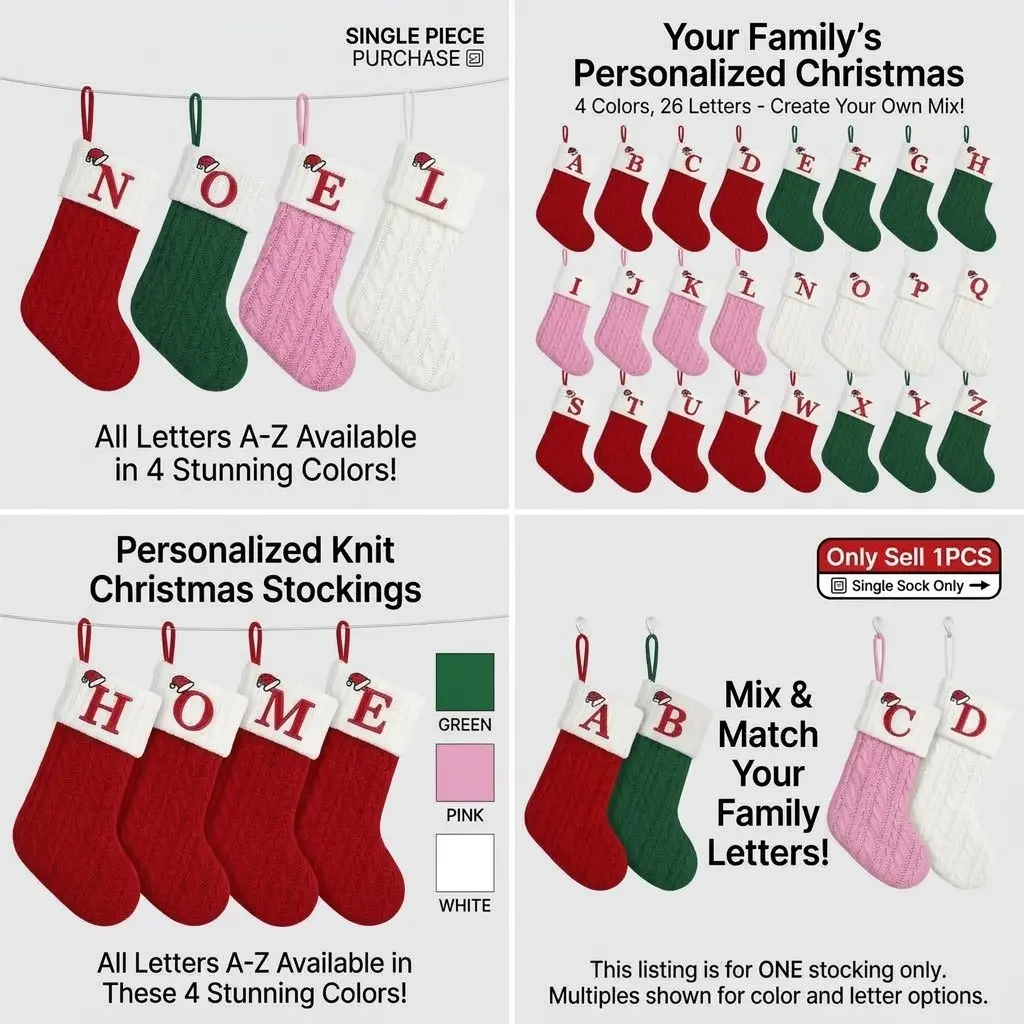 Personalized Small Initial Christmas Stockings with 26 Initials, Available in Four Colors, Can Be Freely Matched and Combined, Making Them the Most Suitable Christmas Gifts for You and Your Family. Suitable for Fireplace, Christmas Tree, and Staircase