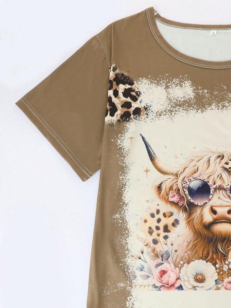 Women's Casual Pajama Set, Round Neck Short Sleeve Top & Elastic Shorts/pants, Leopard & Highland Cow Print, All-Season Wear