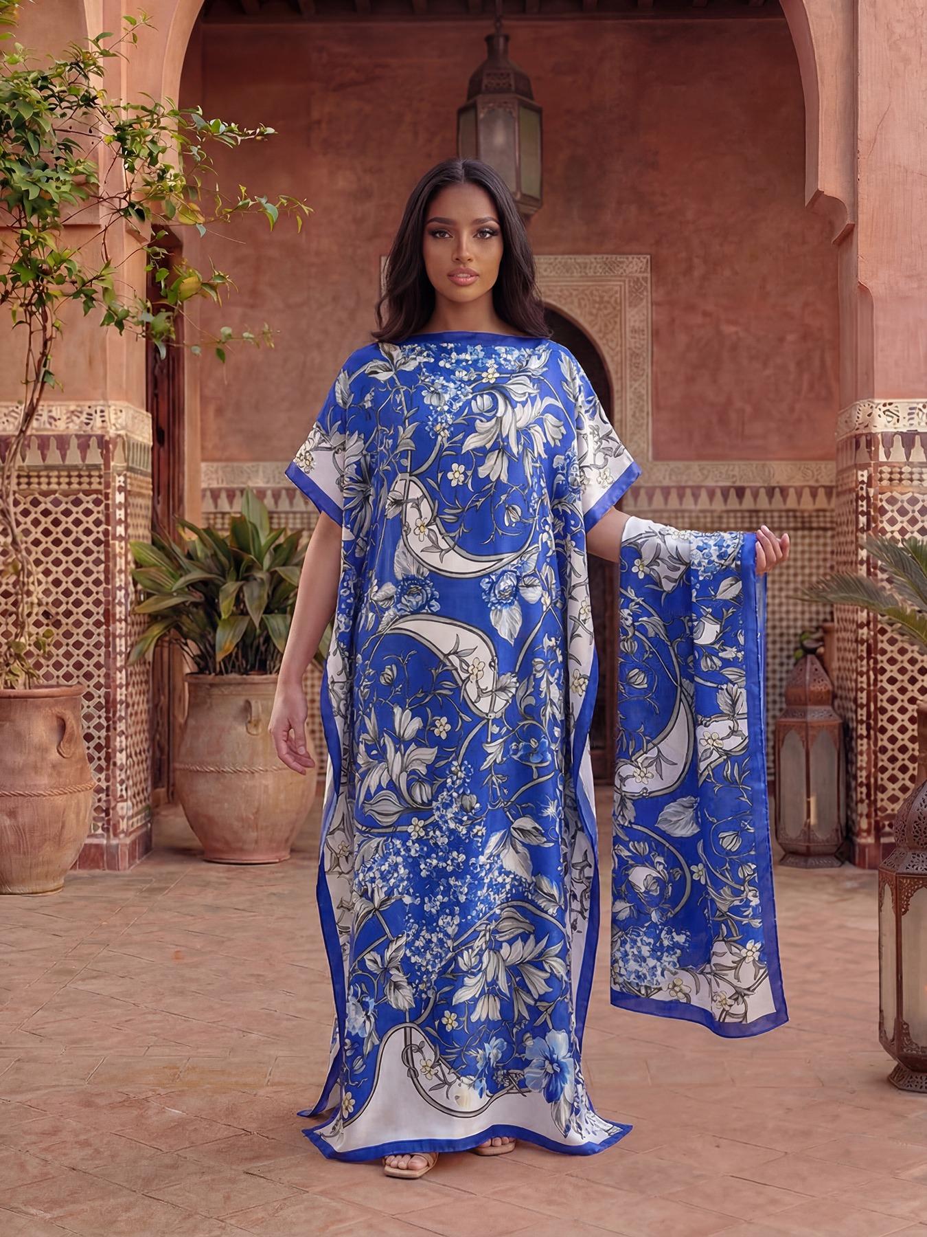 Women's Floral Print Robe Set, Casual Fashion Long Dress + Headscarf Scarf Hairband, Beach Sun Protection Satin Silk Shawl