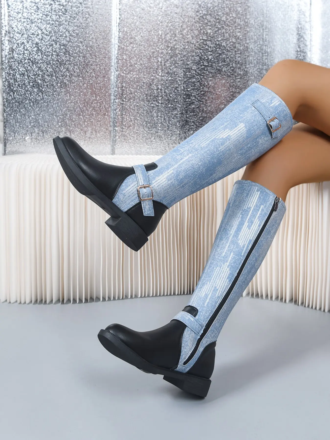 Women's High Ankle Knight Boots, Denim Patchwork Leather, Blue Colorblock, Buckle Side Zipper, Low Heel Slim Fit Long Boots