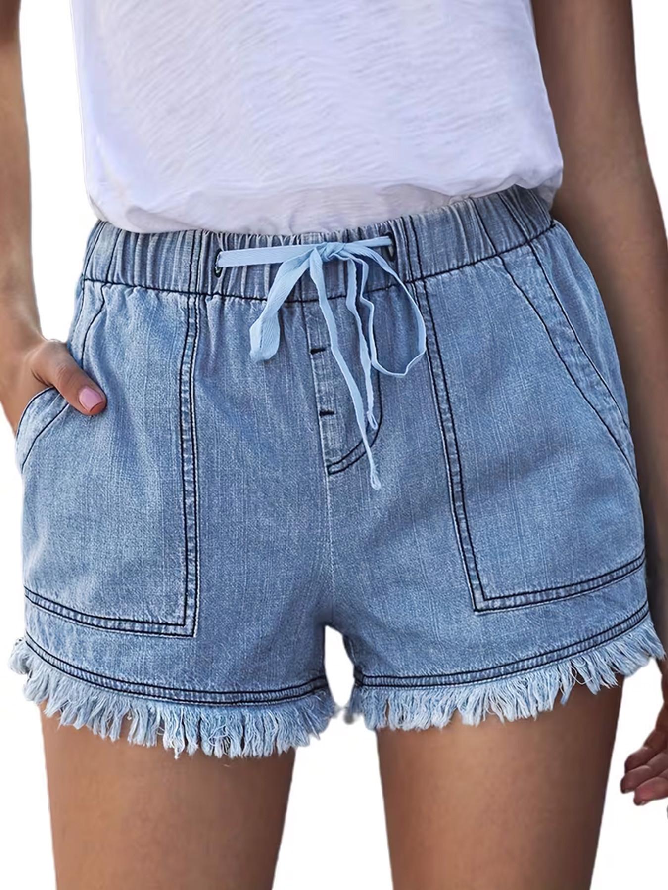 Women's Casual Fashion Adjustable Drawstring Elastic Waist Distressed Denim Shorts with Frayed Hem, Summer Comfort Fit Jean Shorts，Perfect for Everyday Daily Wear and Leisure Activities, Fringe