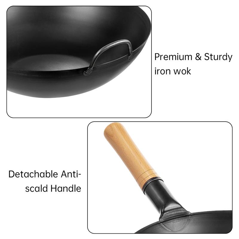 Wooden Handle Iron Wok-Non Stick, Multi-purpose Kitchen Flat Bottomed Pan, Suitable For Gas Stove And Induction Cooker Cooking, Black Finish, Perfect For Deep Frying, Stir Frying, And Cooking