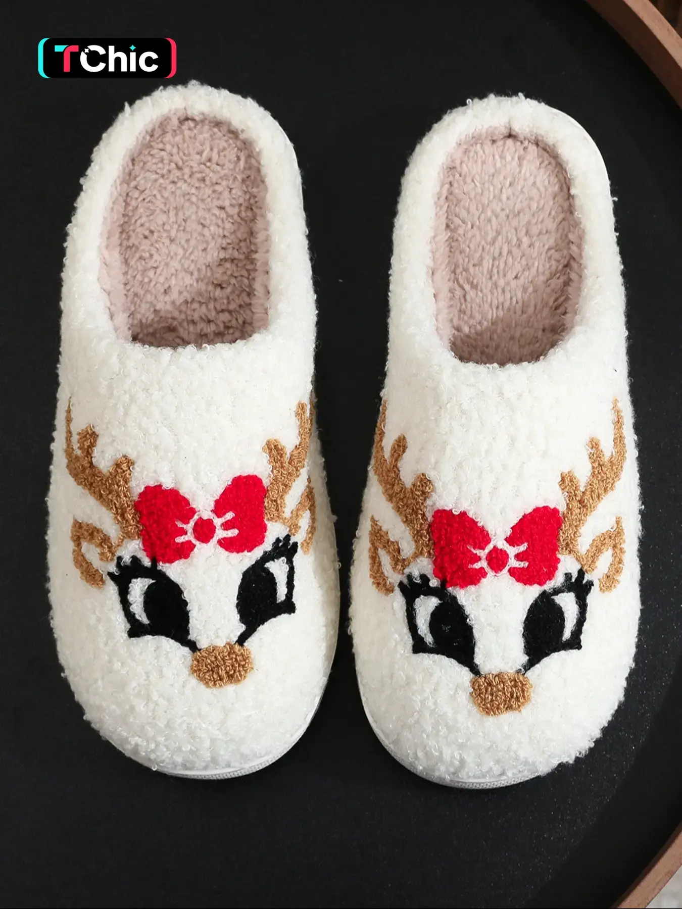 Women's Christmas Slippers, Soft Plush Indoor Outdoor Shoes, Embroidered Reindeer Antlers Bowknot Design, Fall Winter Footwear Gift, House Slippers