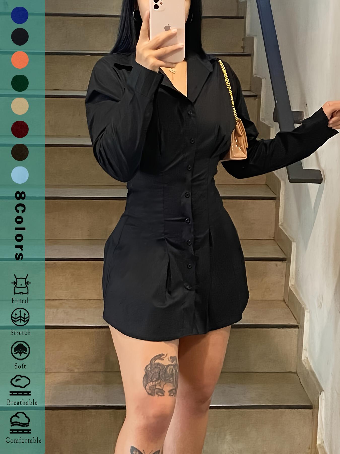 Solid Color Button-Up Woven Fit Mini Dress with Asymmetrical Hem, Elastic Ruffled Waist Design for Casual and Party Wear, Trending Tiktok Style for Teen Girls, Womenswear